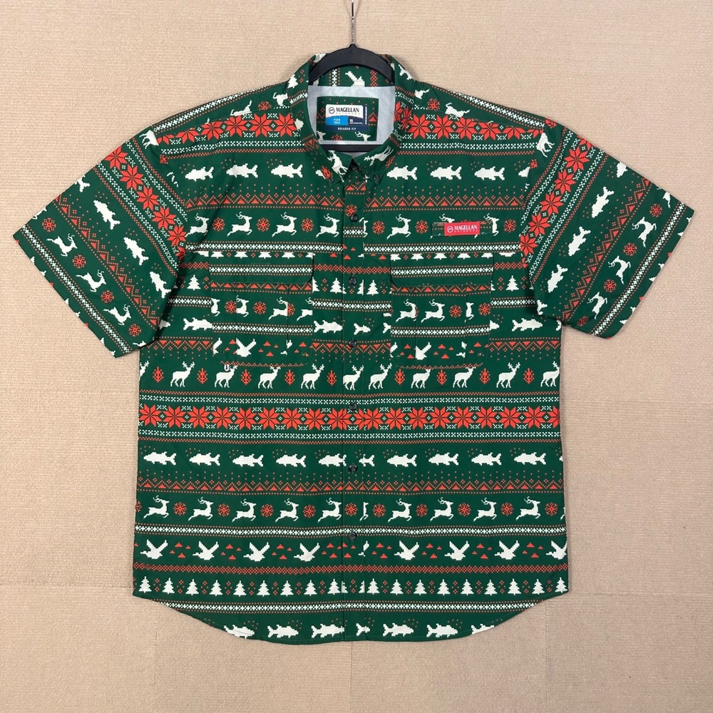 Magellan Fish Gear Christmas Fishing Shirt XL Green Wicking Vented Ugly Sweater